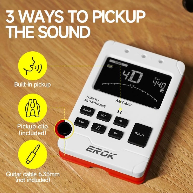 EROK Digital Metronome & Tuner - All-in-One Rechargeable Device with Stereo Headphone Output, Voice Counting, Ideal for Guitar, Bass, Violin & String Instruments (White) - Image 3